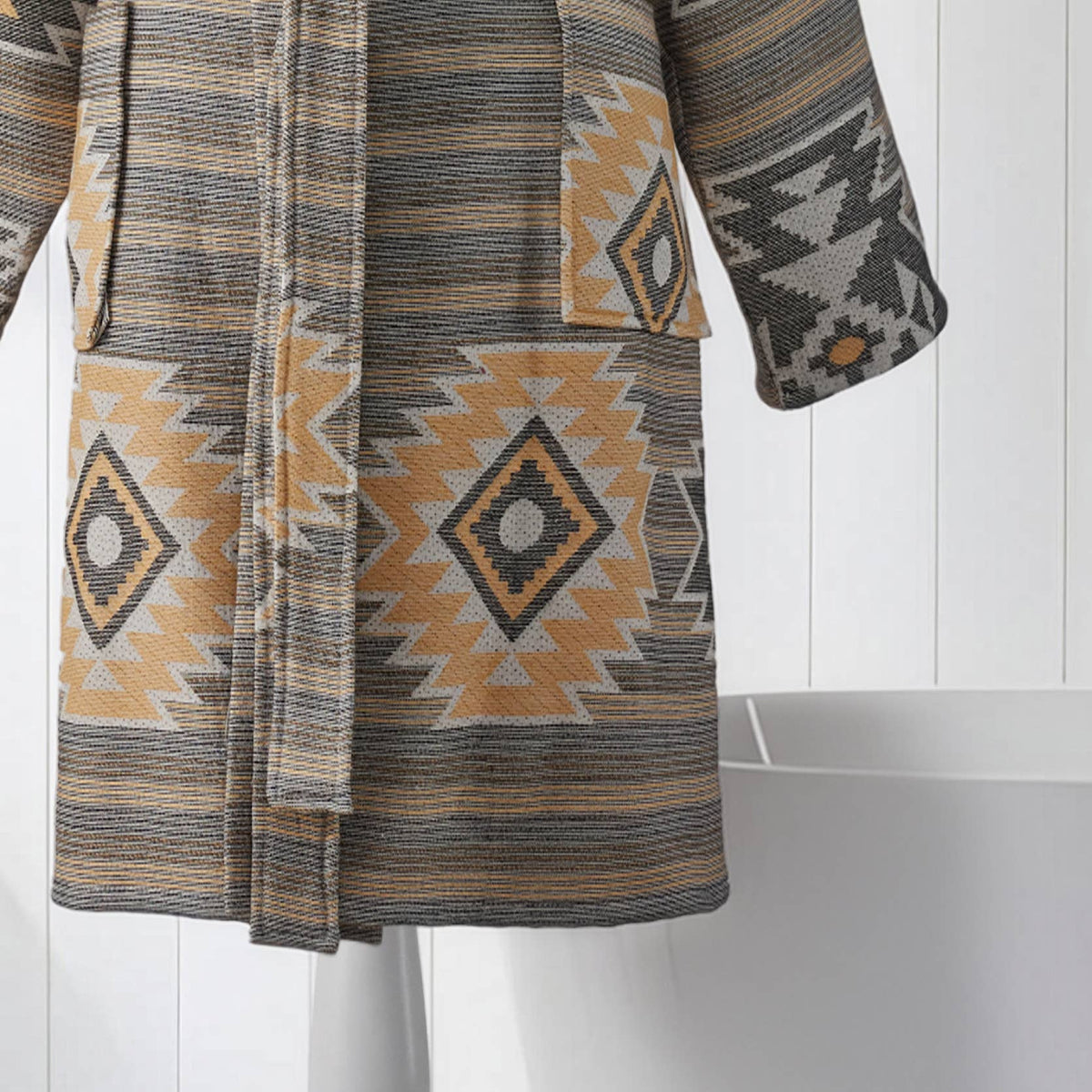 Kilim terry-backed Turkish bathrobe – hooded, multicolor | Kikoya