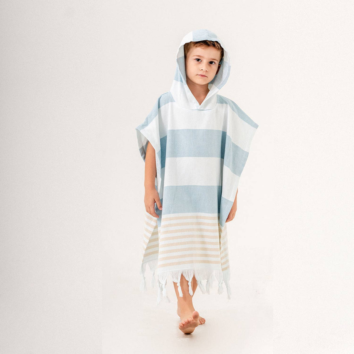 Mediterranean Terry-backed Kids Hooded Towel Poncho – Block Stripe, Grey & Blue alternate view | Kikoya