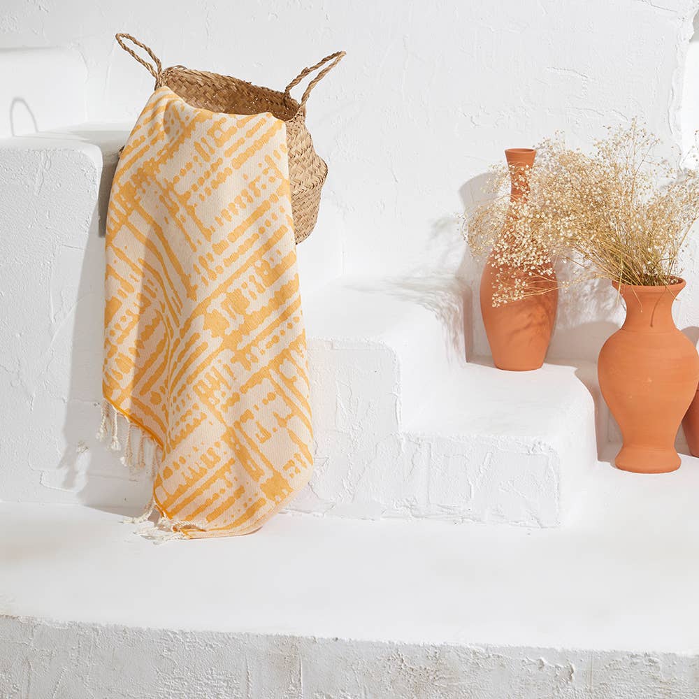 Vintage terry-backed Turkish towel with faded block jacquard, 35x70 in | Kikoya