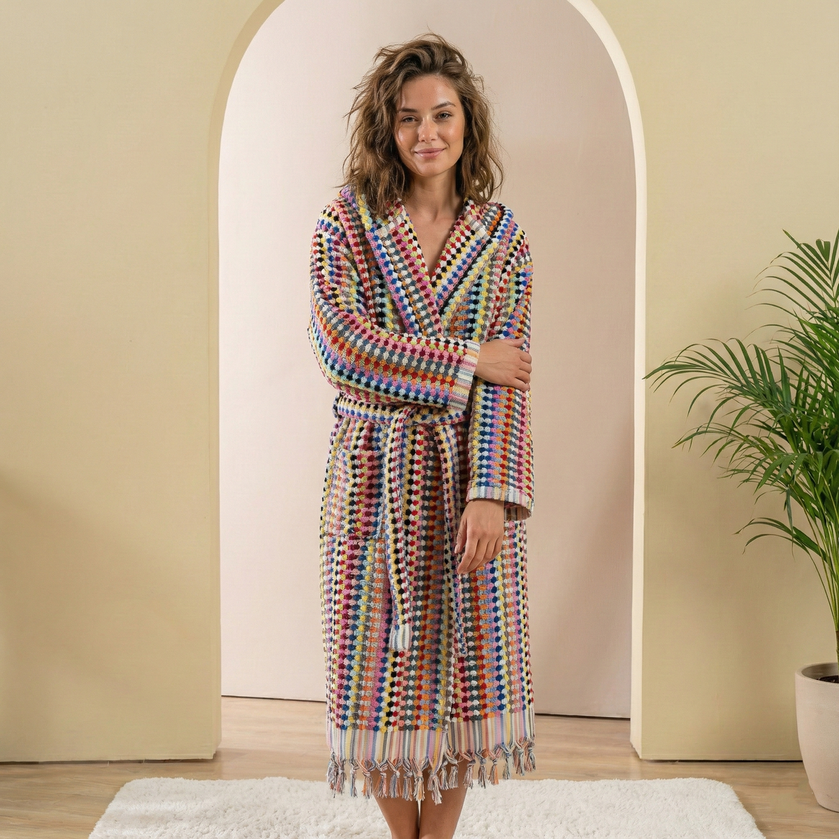 Pompom Turkish bathrobe – Multicolor, Hooded, front view | Kikoya