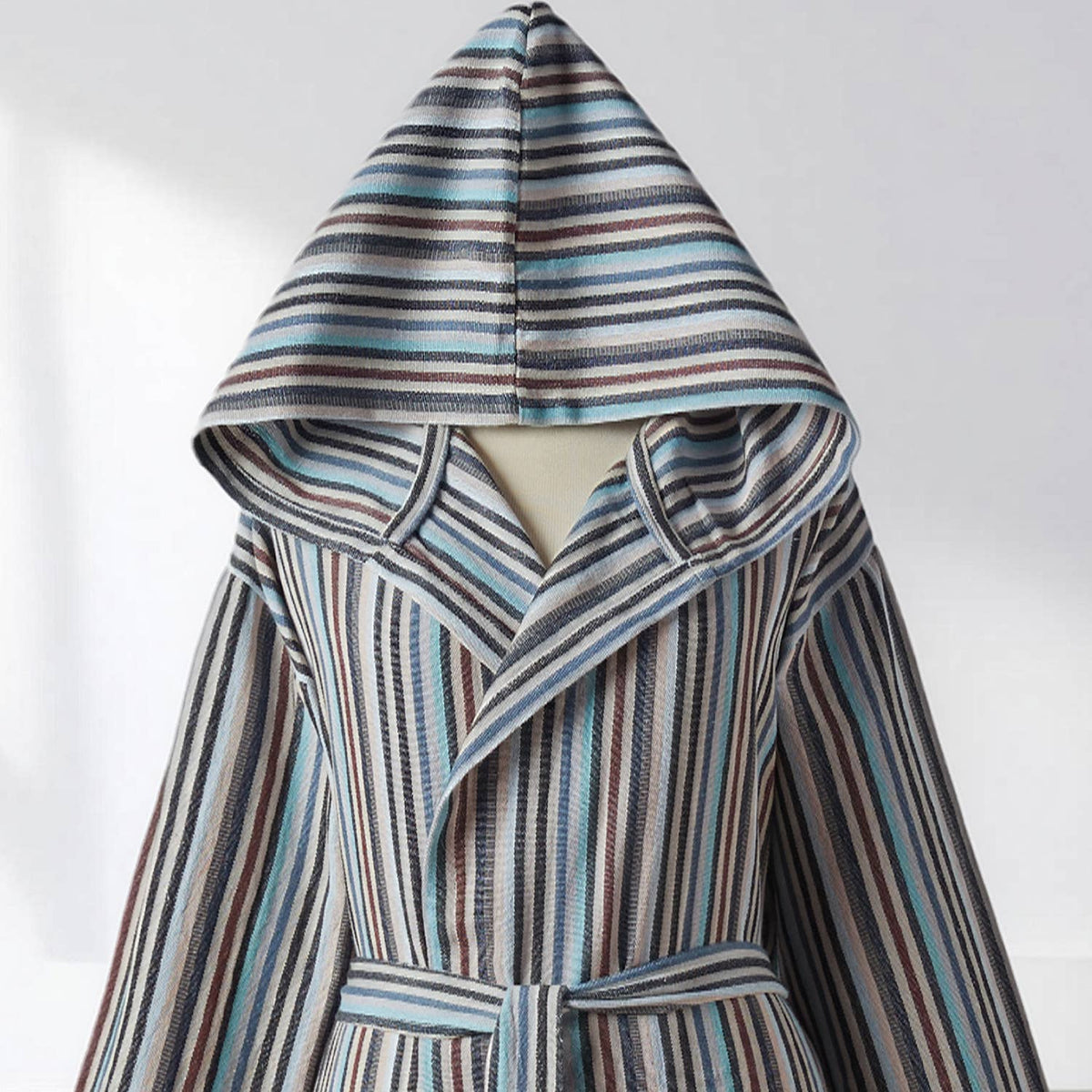 Antique Turkish hooded bathrobe – Slate & Teal Stripe | Kikoya