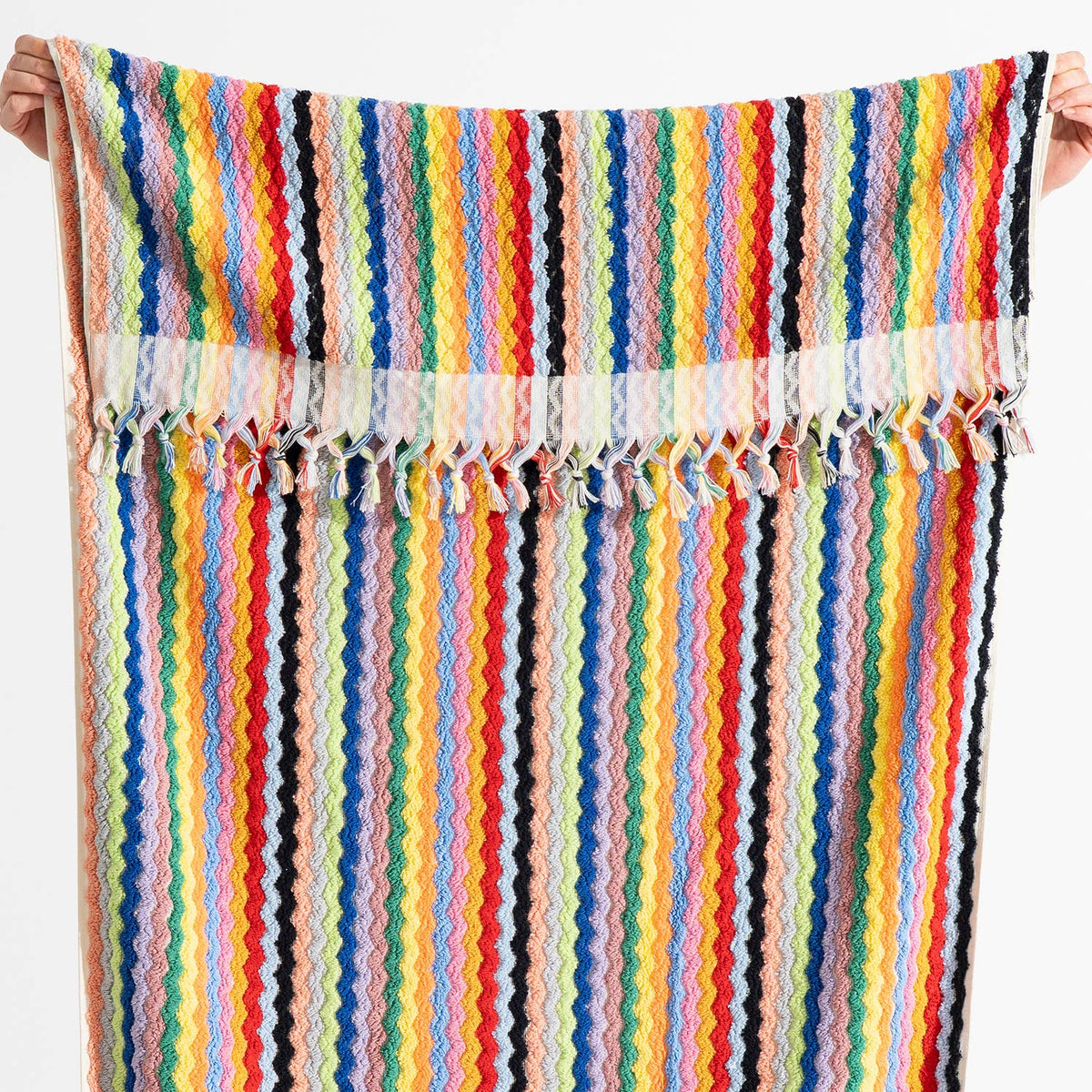 Pompom zigzag Turkish bath towel, 35x68 in, handloomed chevron with pompom fringe | Kikoya