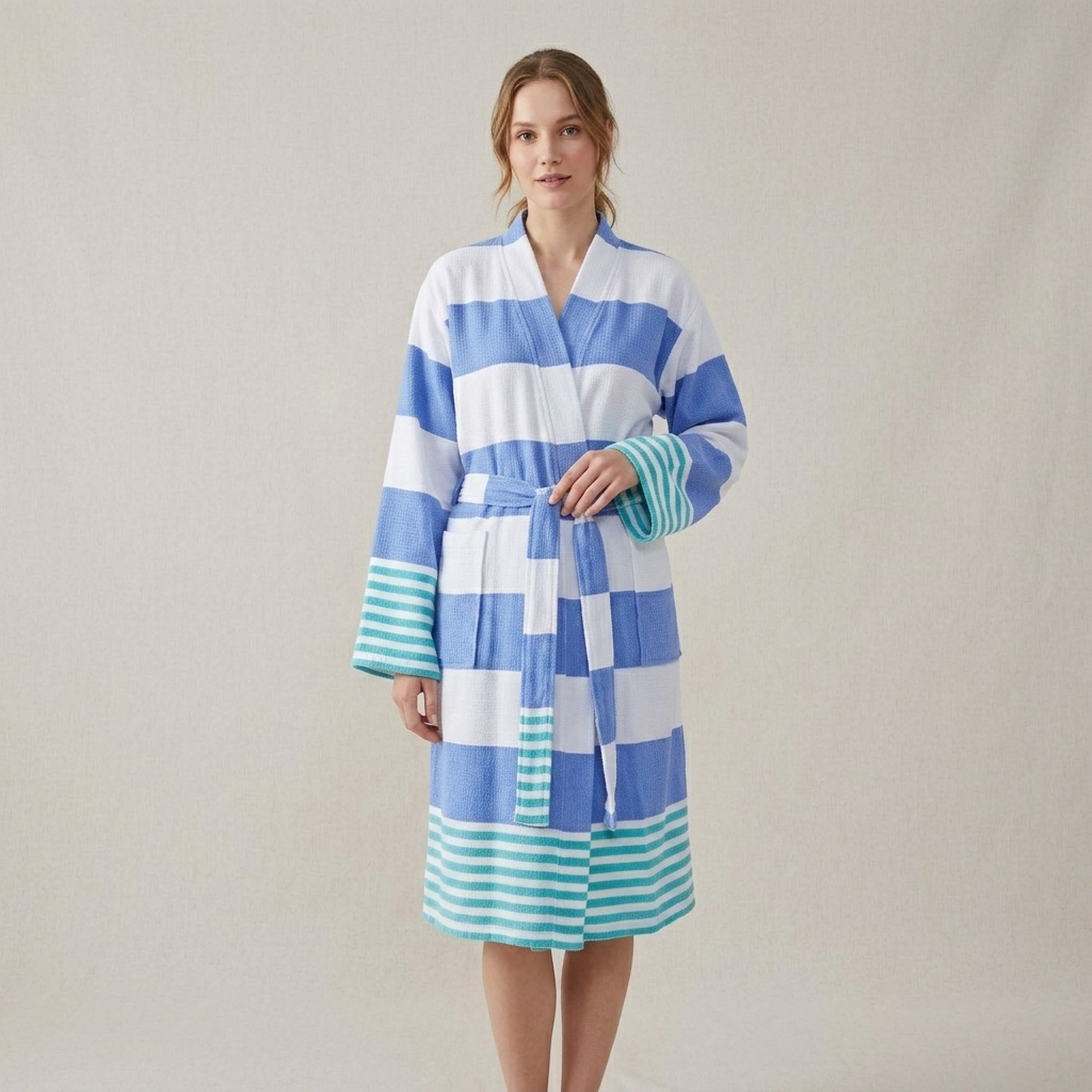 Mediterranean Turkish kimono bathrobe – blue and turquoise block stripe | Kikoya