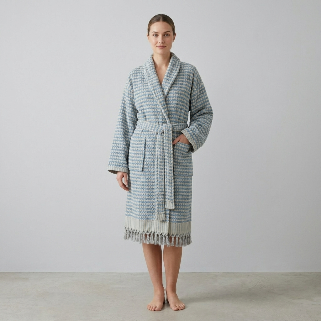 Pompom Turkish bathrobe – Baby Blue, Shawl Collar, front view | Kikoya