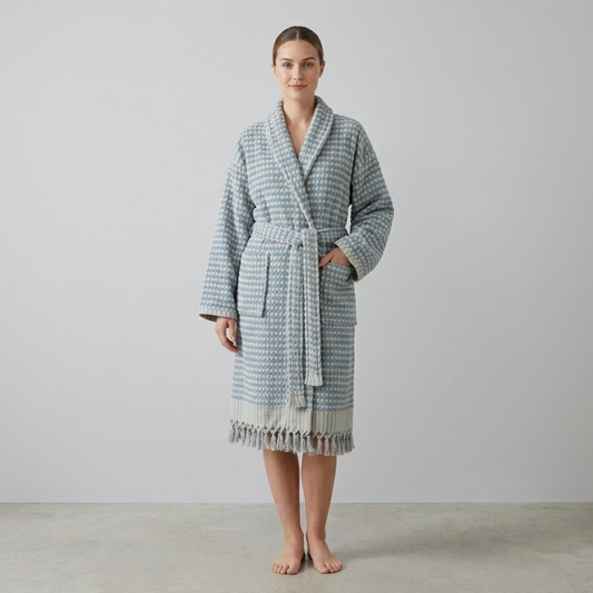 Pompom Turkish bathrobe – Baby Blue, Shawl Collar, front view | Kikoya