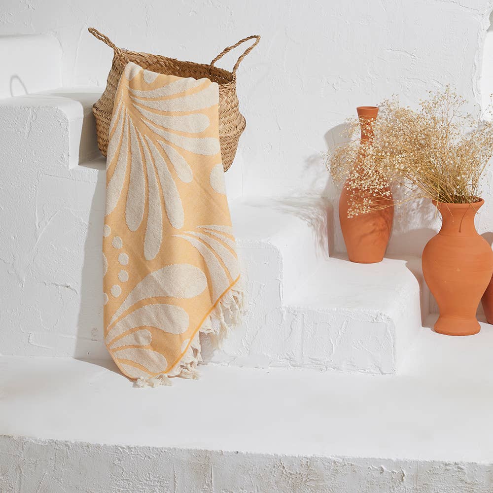 Rio Turkish terry towel with woven botanical jacquard | Kikoya