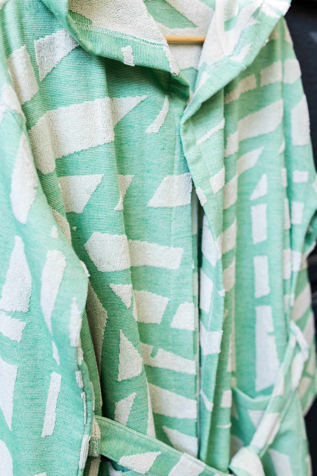 Fronds raised terry Turkish bathrobe, hooded, palm-frond jacquard | Kikoya