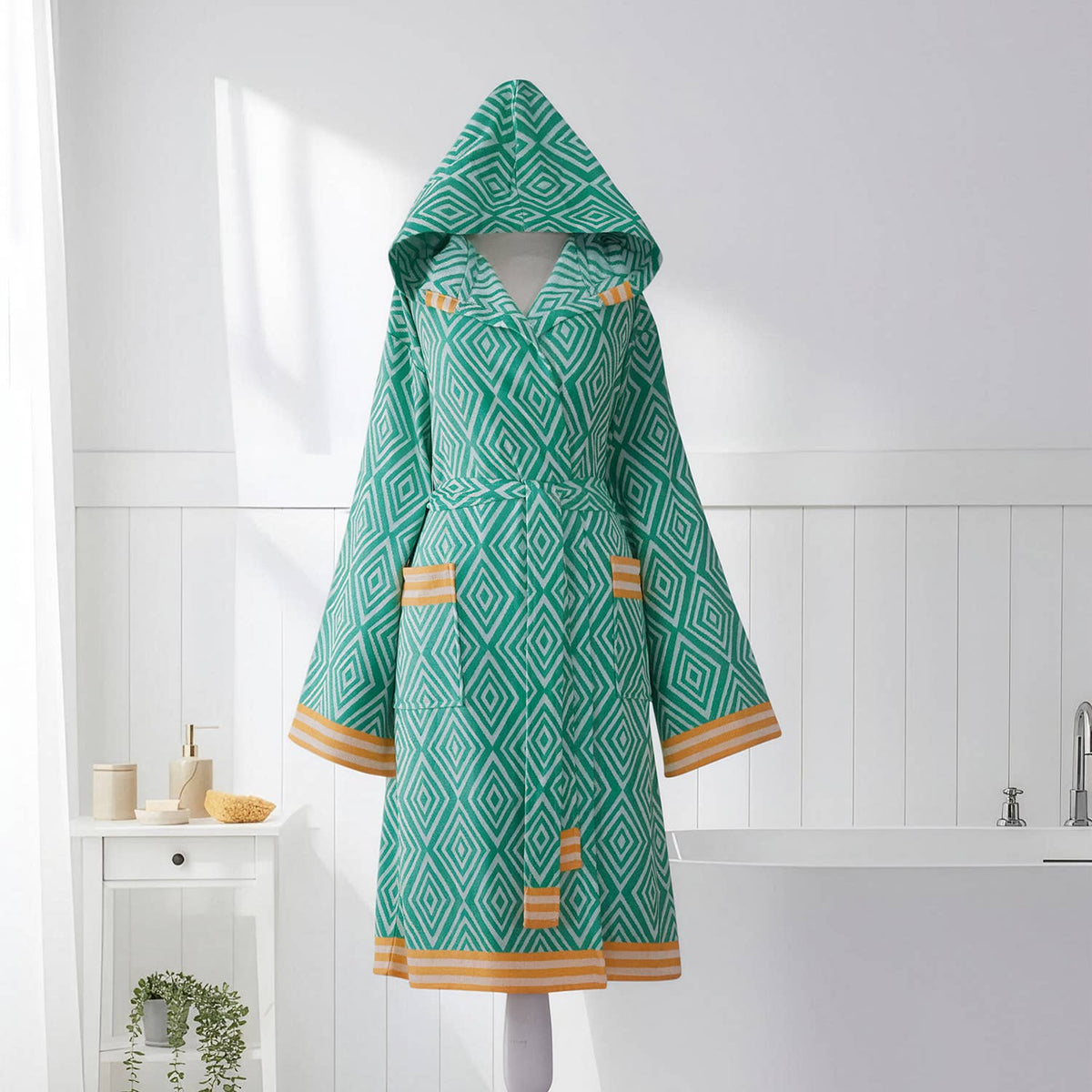 Diamond jacquard Turkish bathrobe – hooded, mustard trim | Kikoya