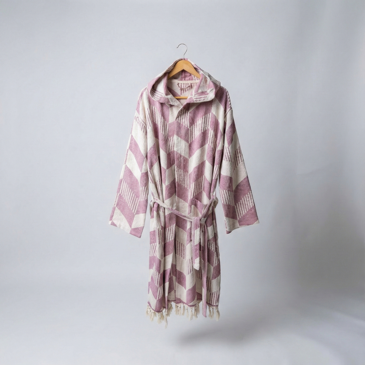 Herringbone raised terry Turkish bathrobe, hooded | Kikoya
