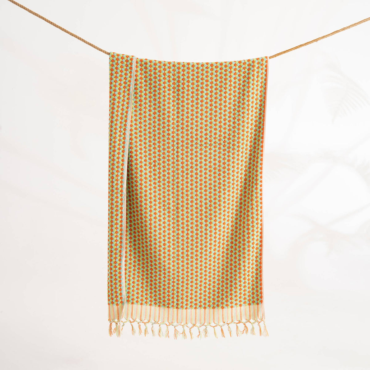 Pompom handloomed Turkish bath towel, 35x68 in, bubble weave with pompom fringe | Kikoya