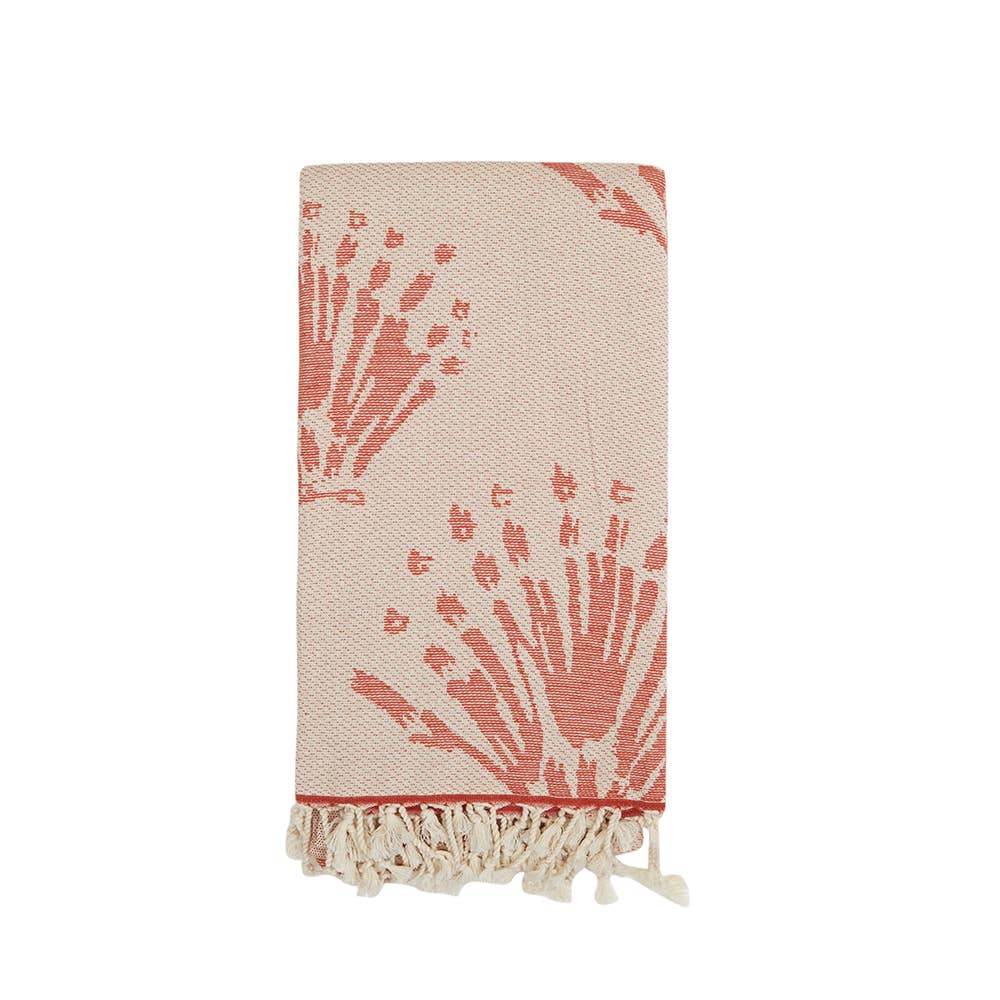 Pearls Turkish towel with coral-sprig jacquard and terry back, 35x70 in | Kikoya