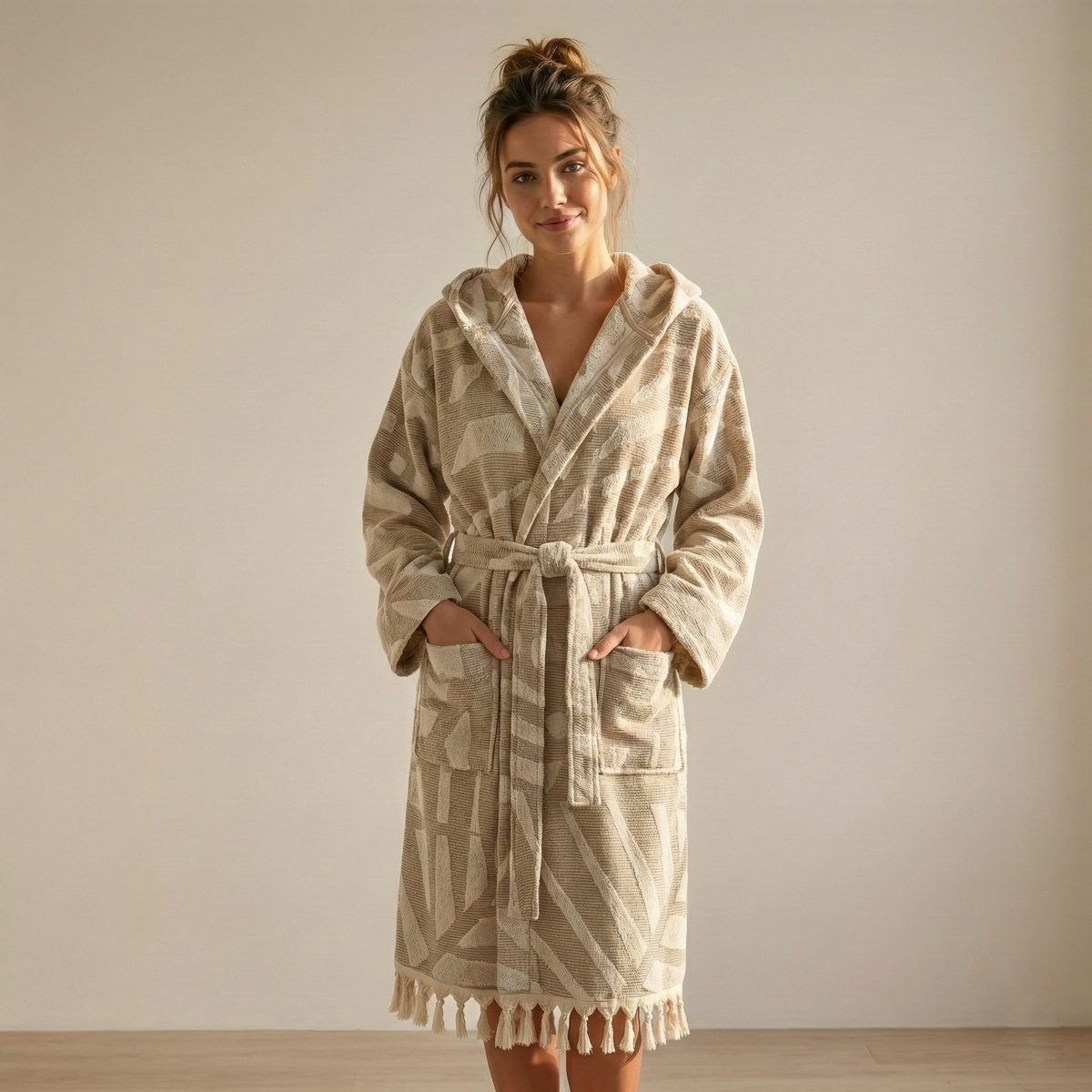 Fronds raised terry Turkish bathrobe, hooded, palm-frond jacquard | Kikoya