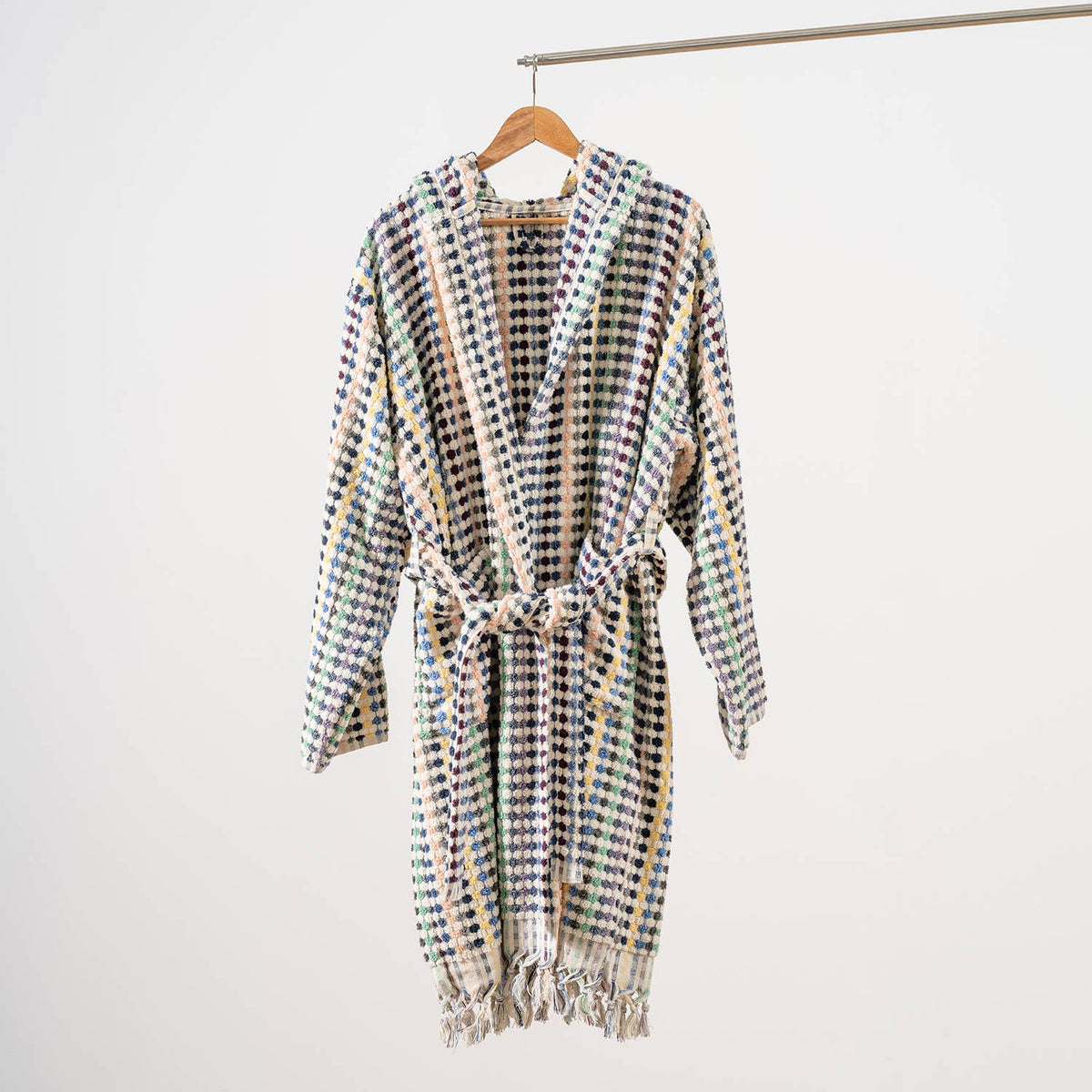 Pompom Turkish bathrobe – Multicolor Melange, Hooded, back view | Kikoya