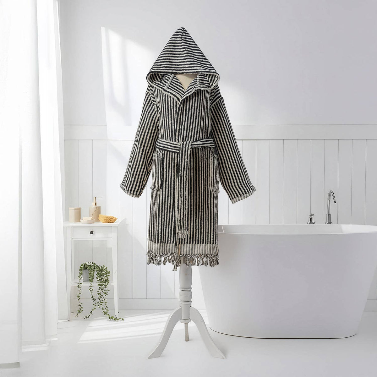 Pompom Turkish bathrobe – Black & White Stripe, Hooded, belt and pocket detail | Kikoya