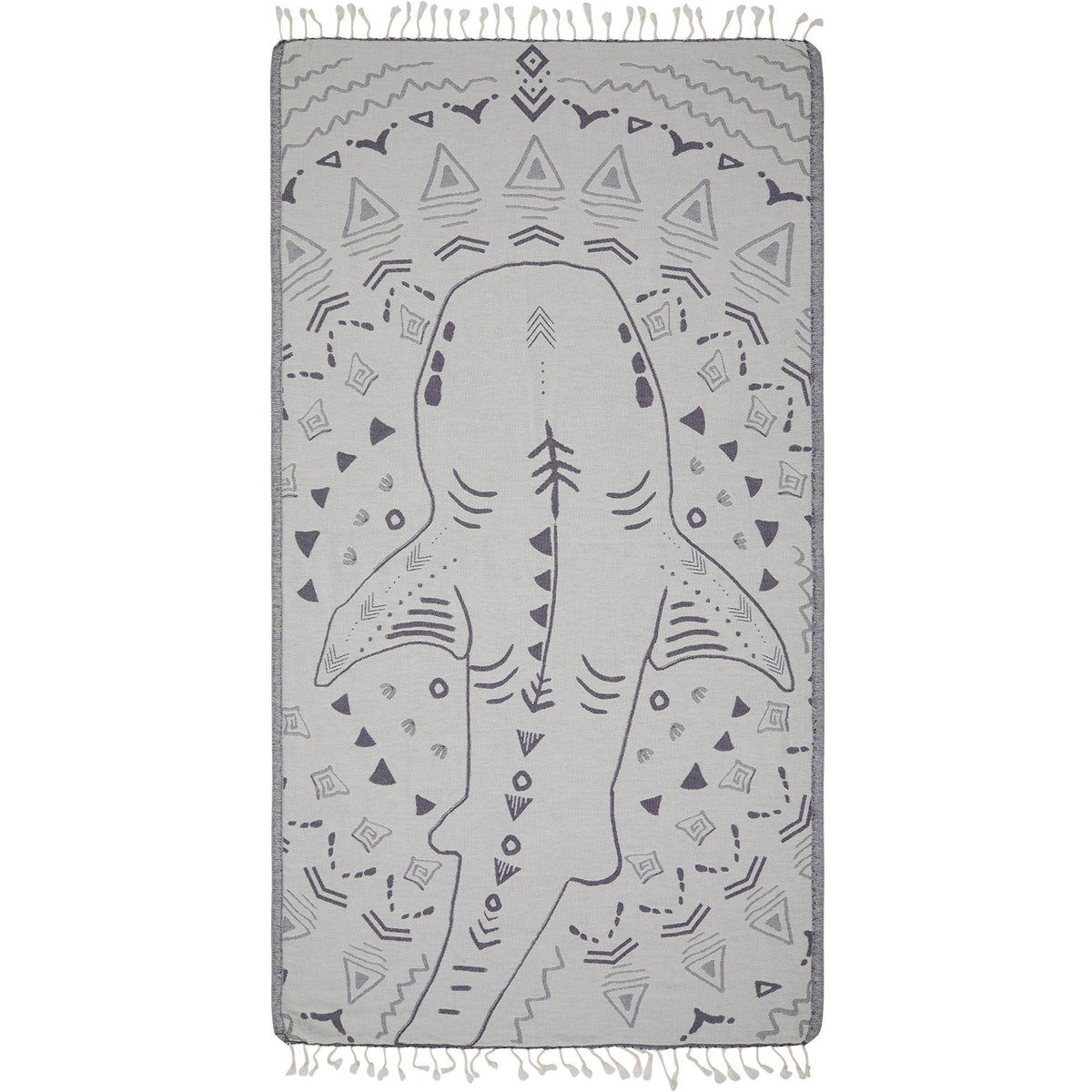 Shark jacquard Turkish beach towel, 35x70 in, flat-woven with knotted fringe | Kikoya