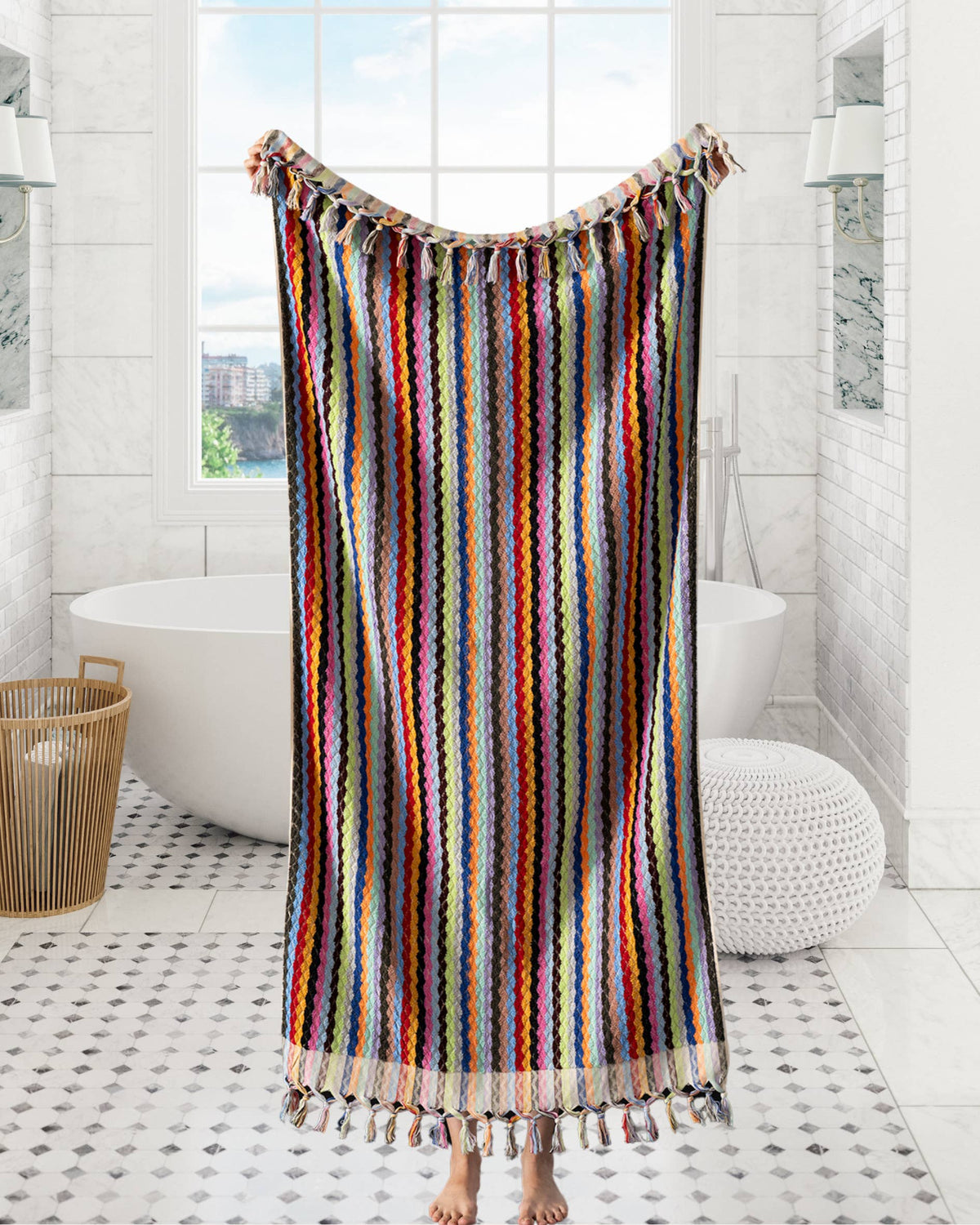 Pompom zigzag Turkish bath towel, 35x68 in, handloomed chevron with pompom fringe | Kikoya