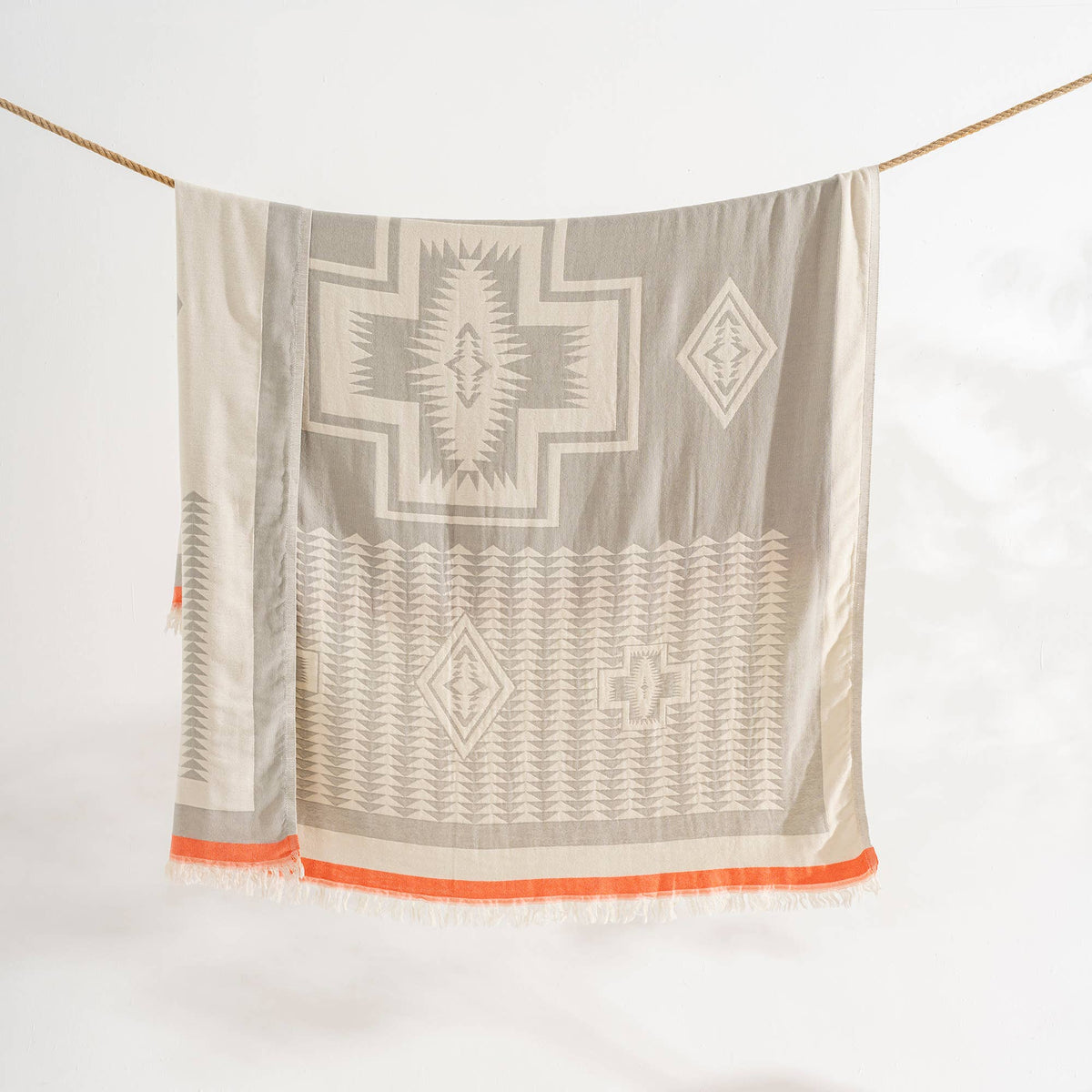 Giha Turkish cotton throw blanket – Southwestern Cross, Light Grey, styled view | Kikoya