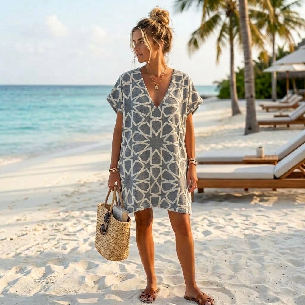 Adult V-neck beach cover-up poncho in Maya Black, terry-backed Turkish cotton | Kikoya