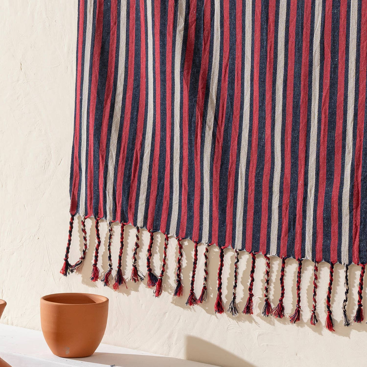 Premium Rustic Turkish beach towel – Burgundy Stripe, styled view | Kikoya