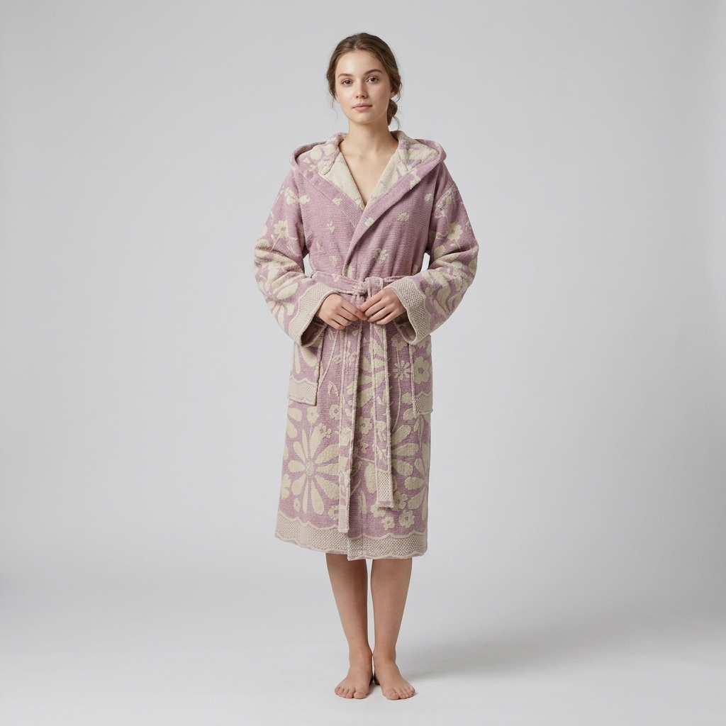Daisy raised terry Turkish bathrobe – floral jacquard, hooded | Kikoya