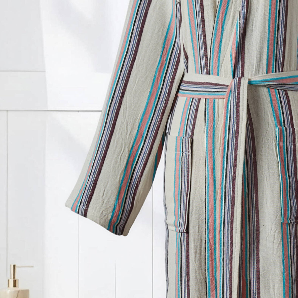 Antique Turkish kimono bathrobe – Cream & Teal Stripe | Kikoya