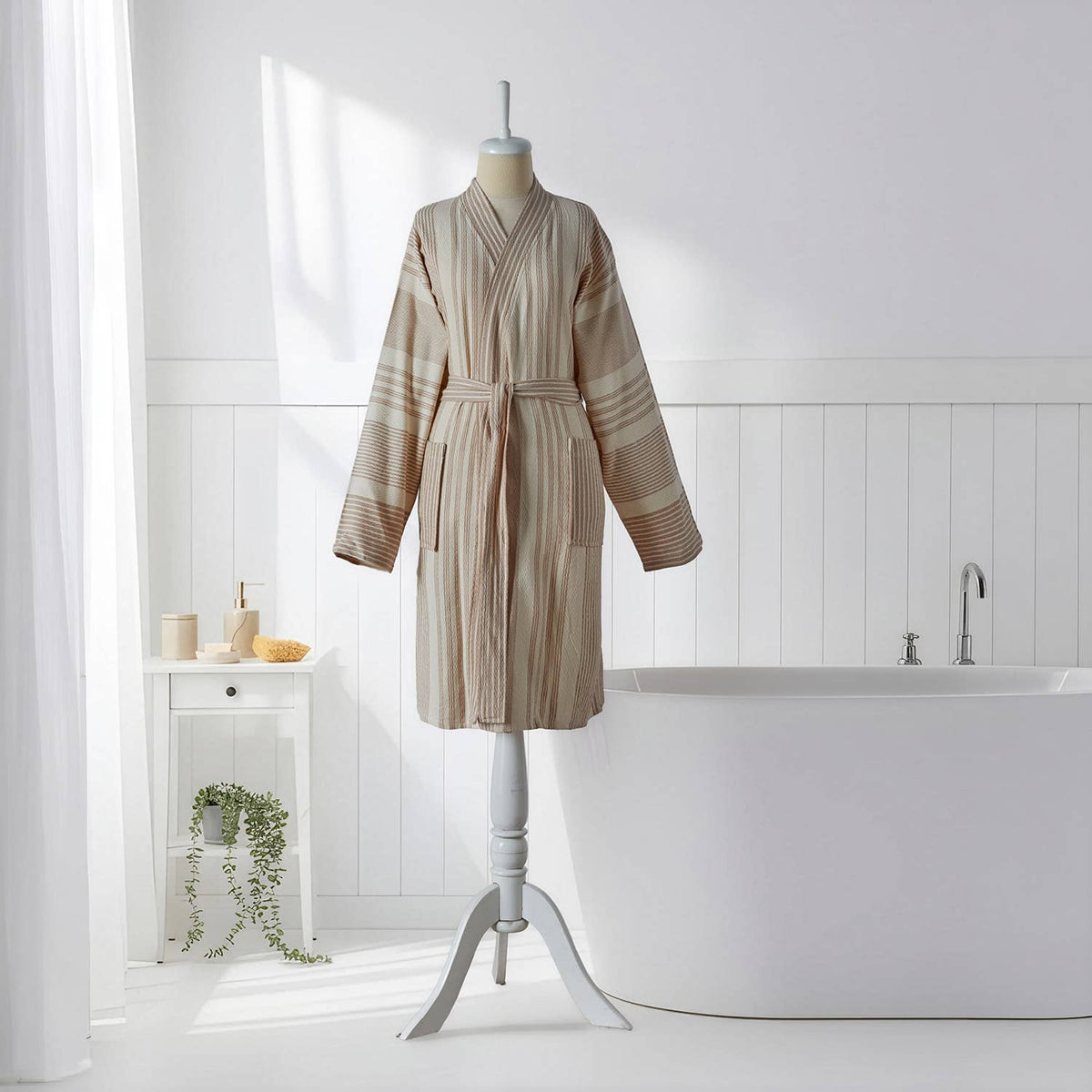 Ribbed Turkish kimono bathrobe – Cream | Kikoya