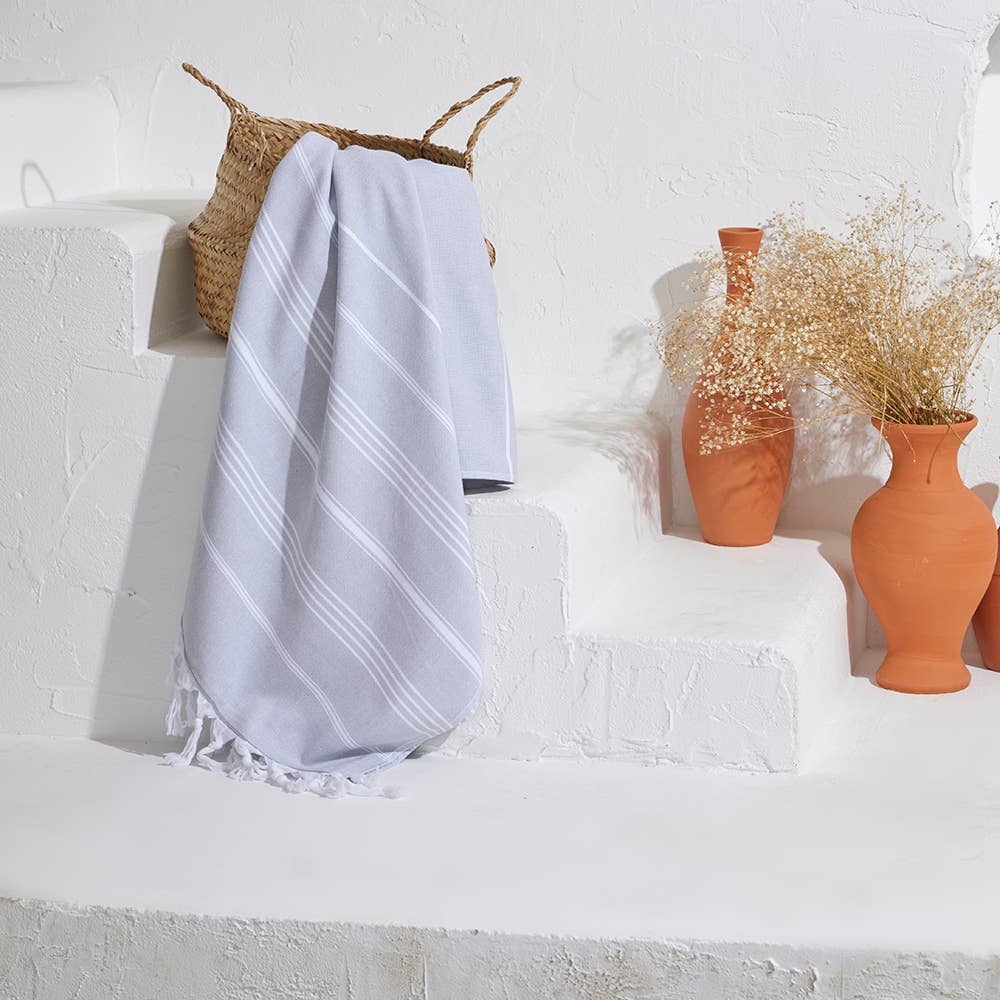 Classic terry-backed Turkish towel in wide stripe, flat face with brushed terry back | Kikoya