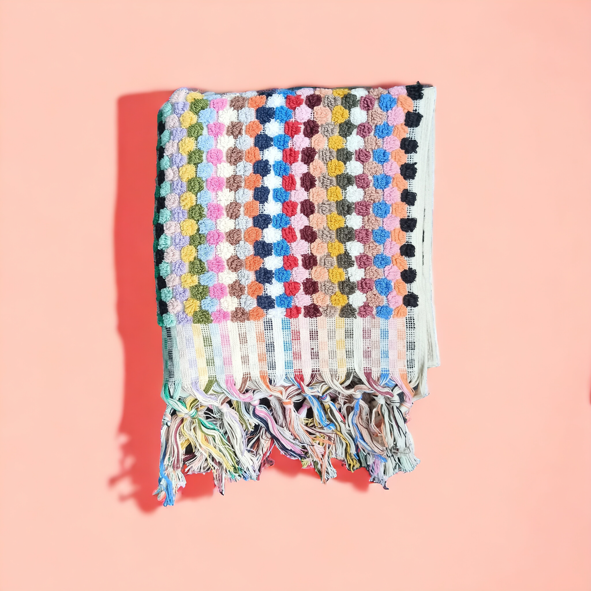 Pompom handloomed Turkish hand towel, 17x38 in, raised bubble weave with pompom fringe | Kikoya
