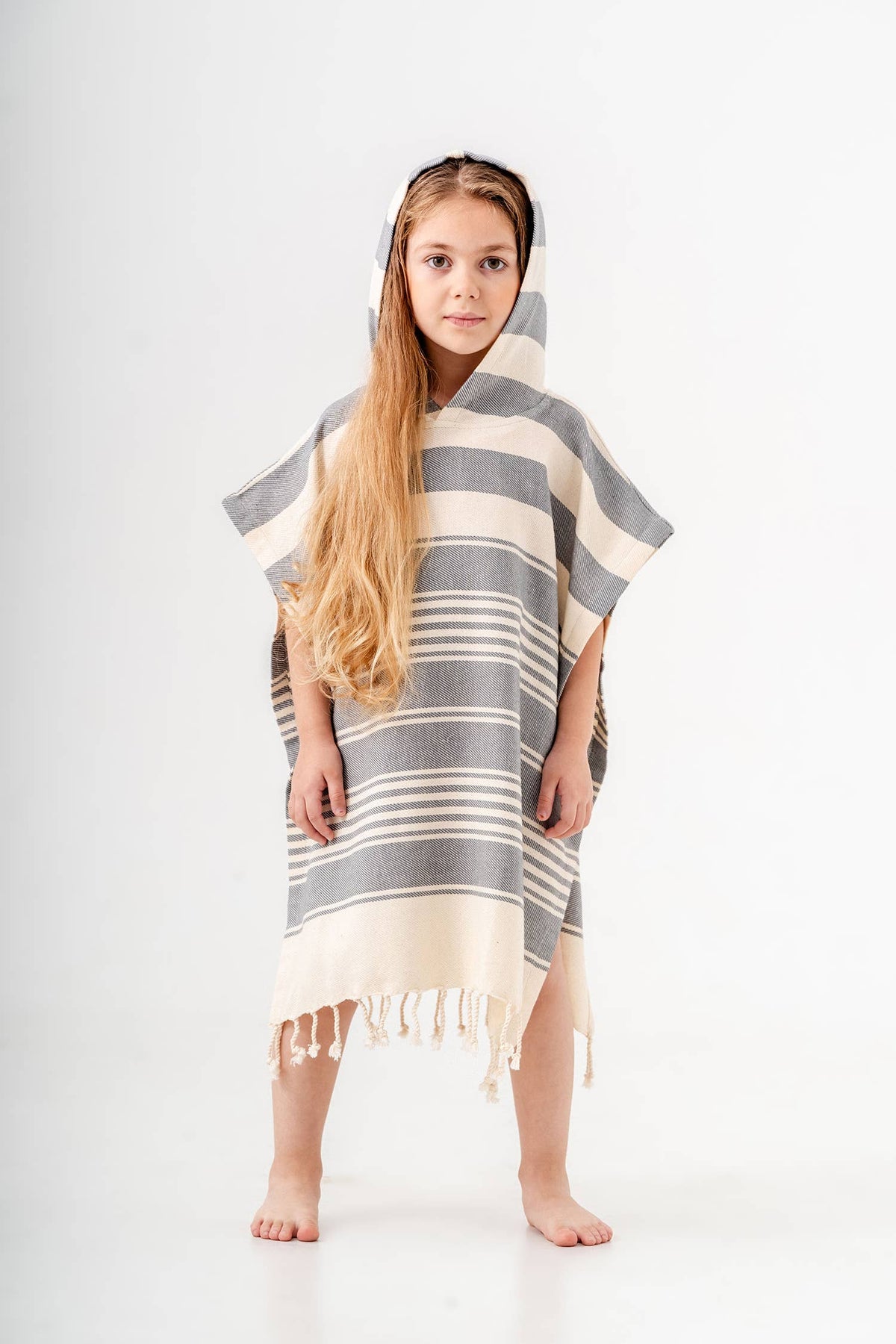 Anatolia Kids Hooded Towel Poncho – Stripe, front view | Kikoya