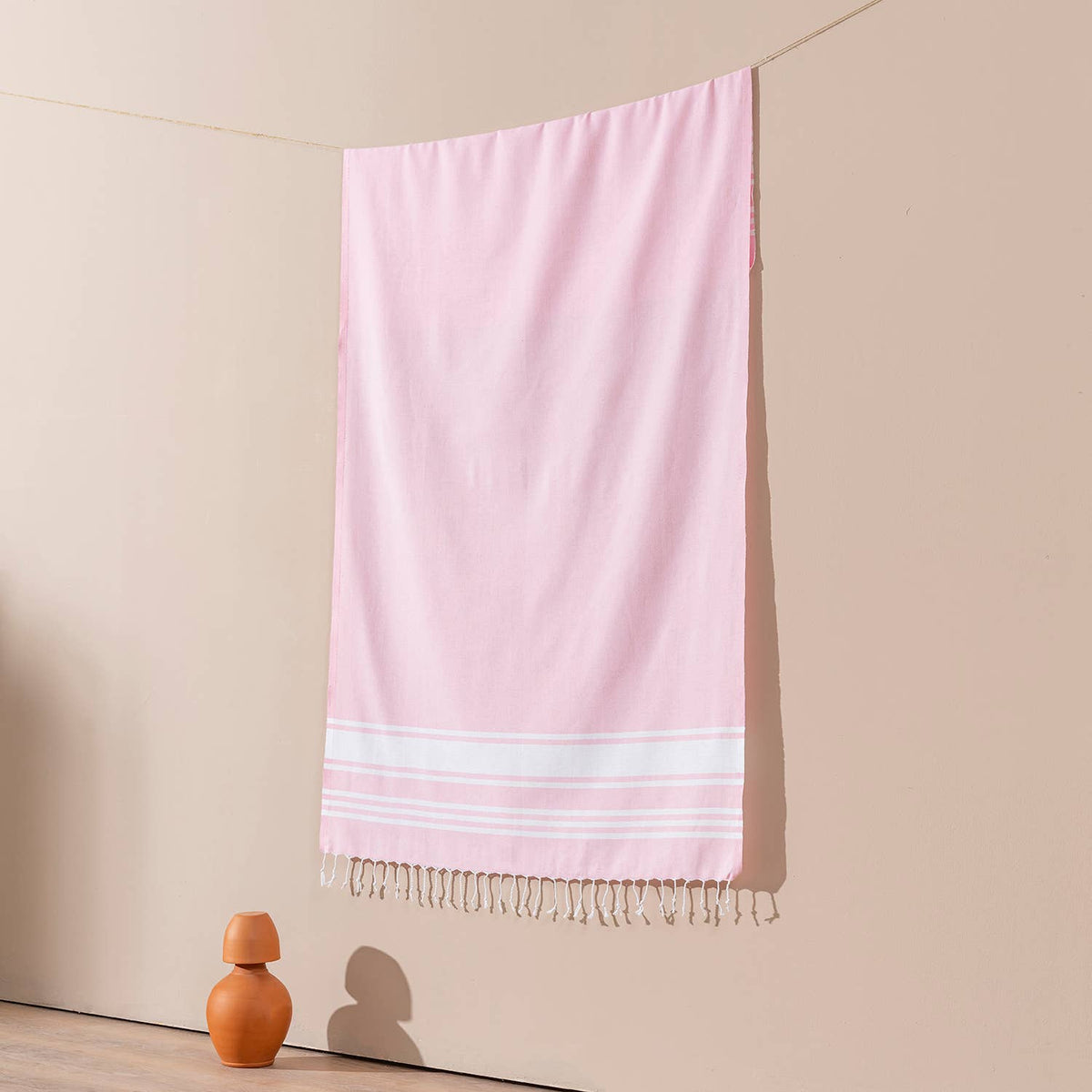 Fine stripe Turkish beach towel on cream, 33x66 in, flat-woven peshtemal | Kikoya
