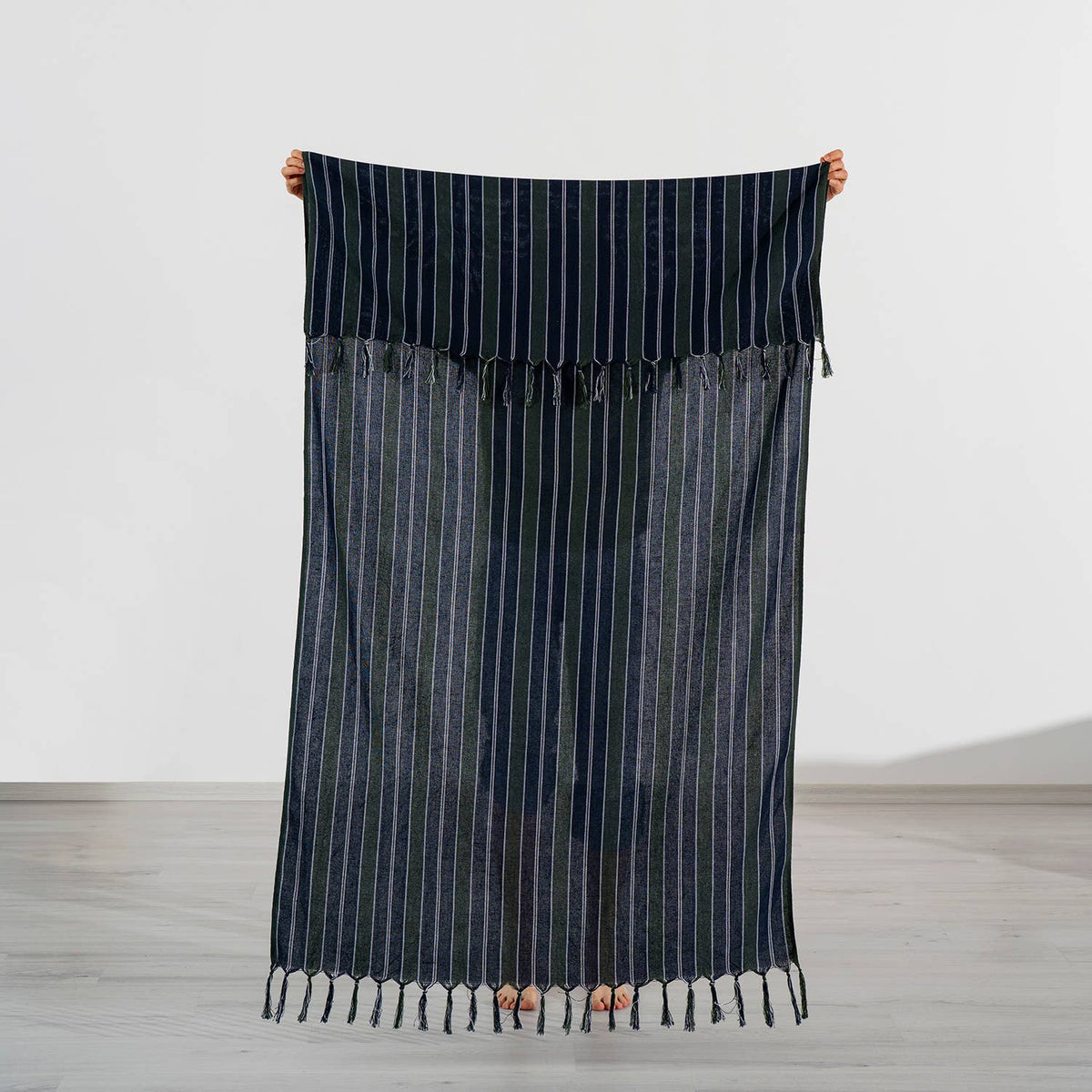 Ink navy pinstripe Turkish beach towel shown full length with fringed ends | Kikoya