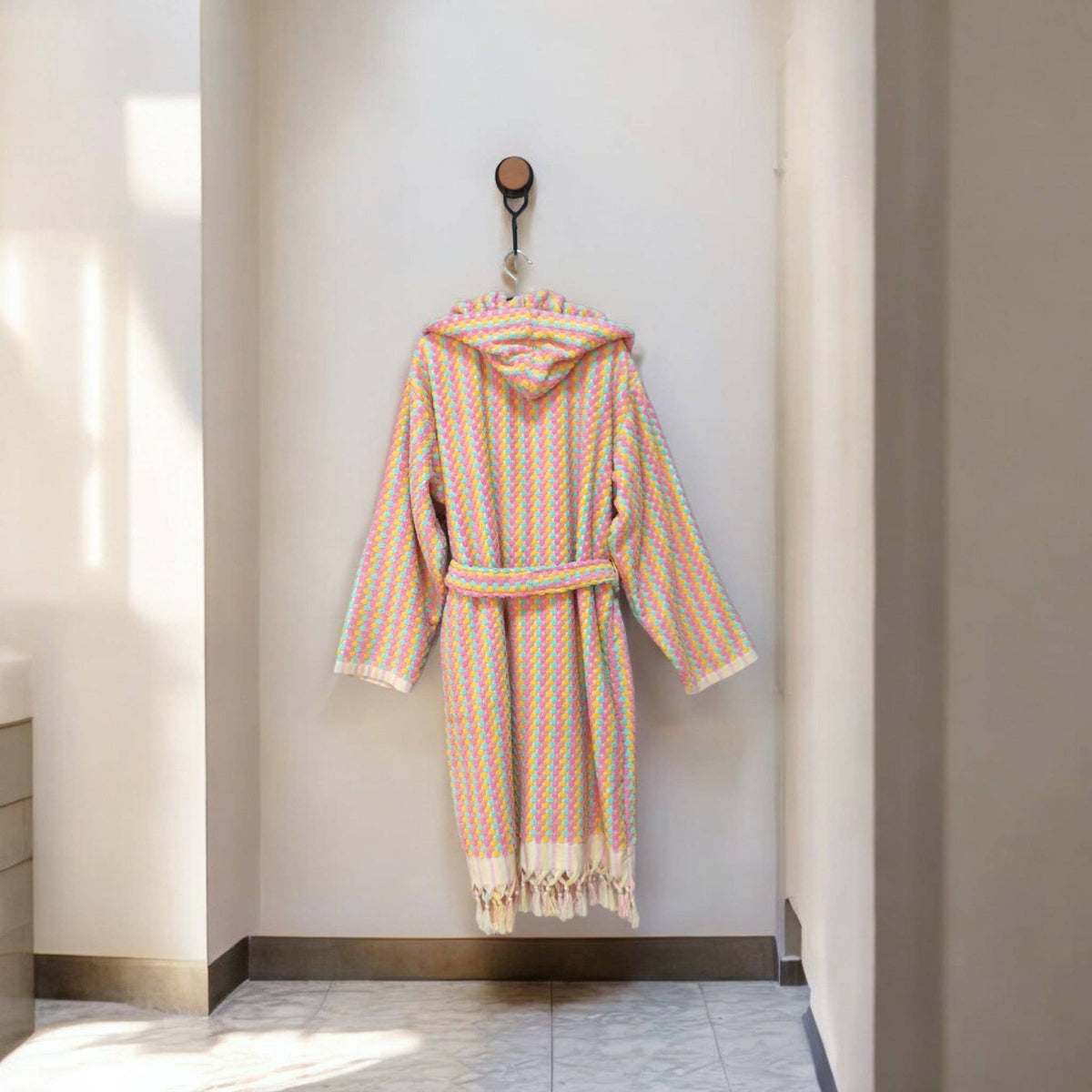 Pompom Turkish bathrobe – Pink & Orange, Hooded, folded view | Kikoya