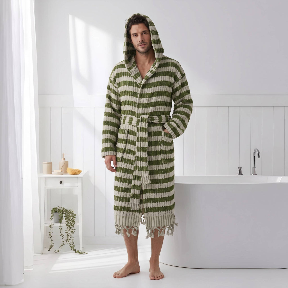 Pompom Turkish bathrobe – Lokum Khaki, Hooded, front view | Kikoya