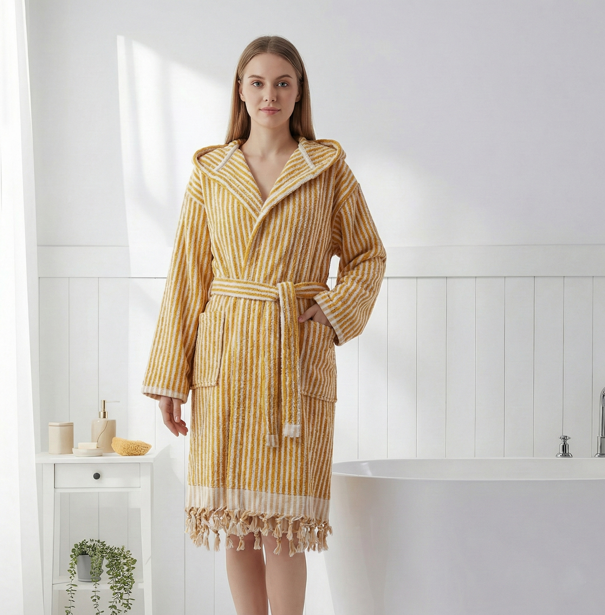 Pompom Turkish bathrobe – Mustard & White Stripe, Hooded, front view | Kikoya