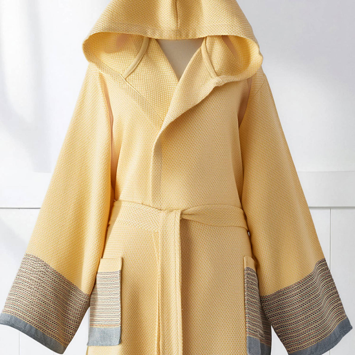 Color-block Turkish cotton bathrobe – hooded, striped border | Kikoya
