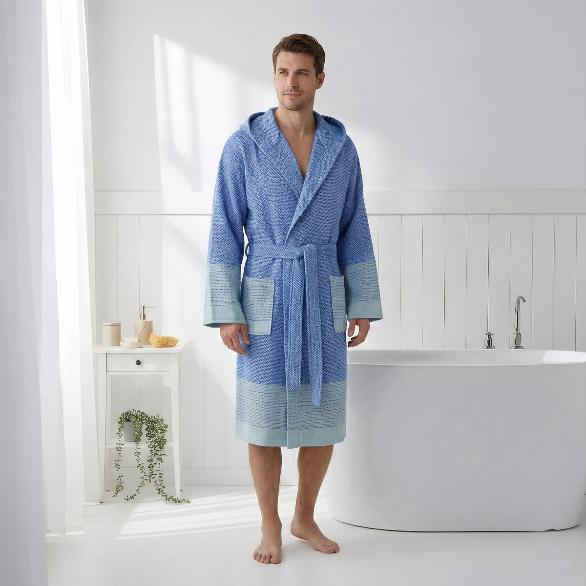 Color-block Turkish cotton bathrobe – hooded, striped border | Kikoya