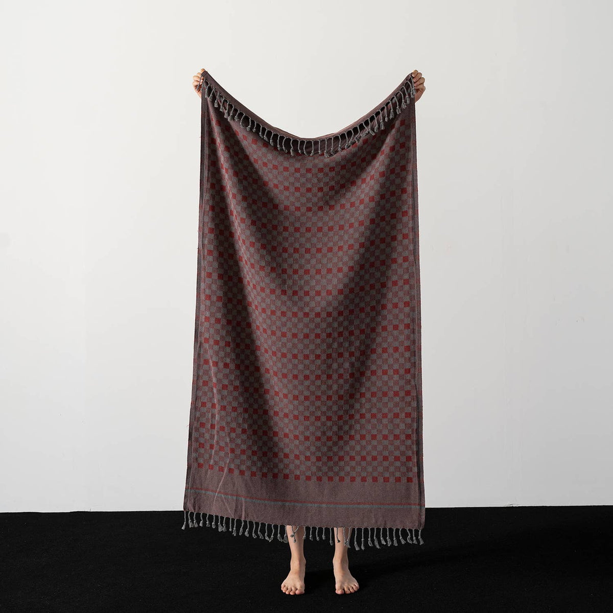 Stonewashed Turkish beach towel in a tonal checker weave, 35x66 in | Kikoya