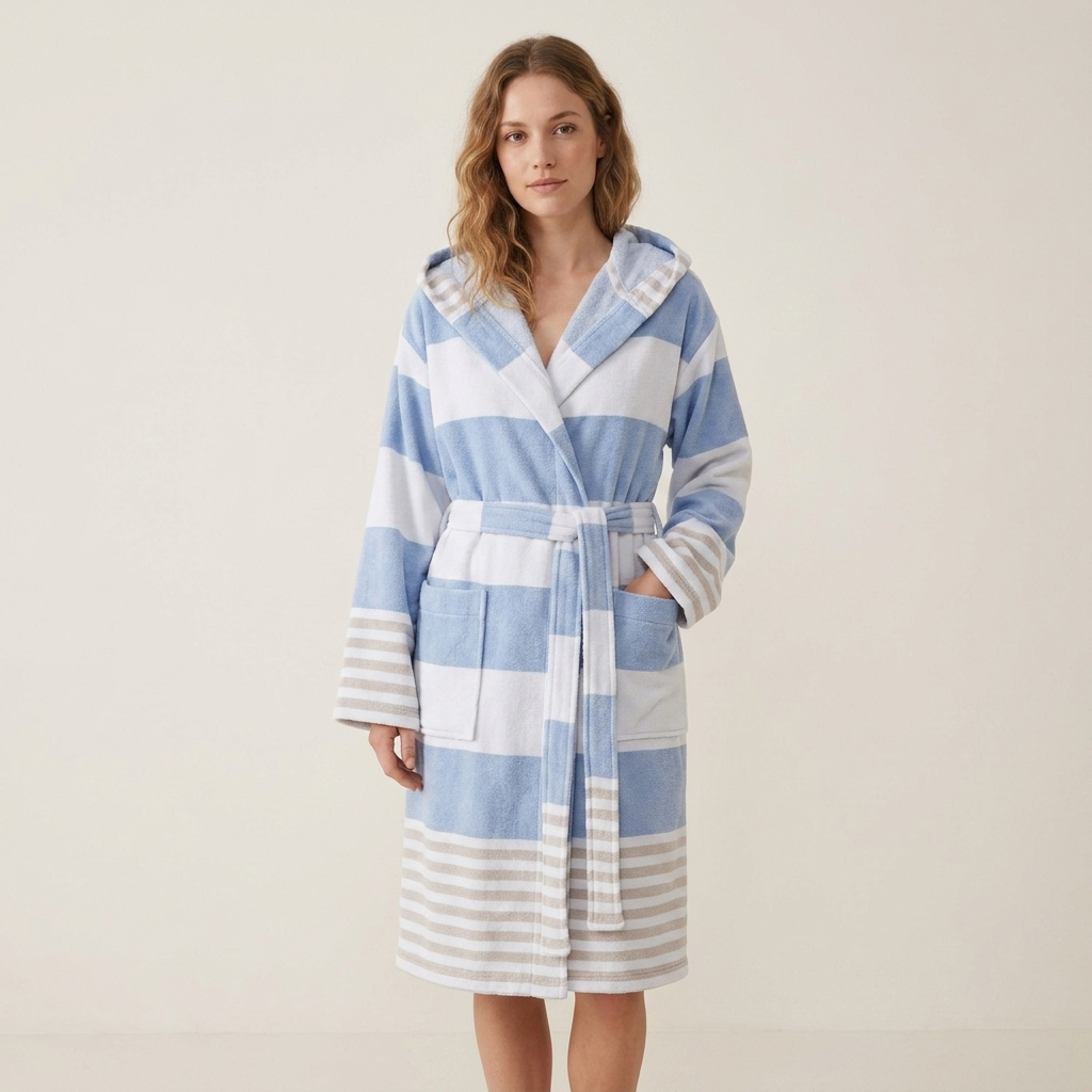 Mediterranean terry-backed Turkish bathrobe – block stripe | Kikoya