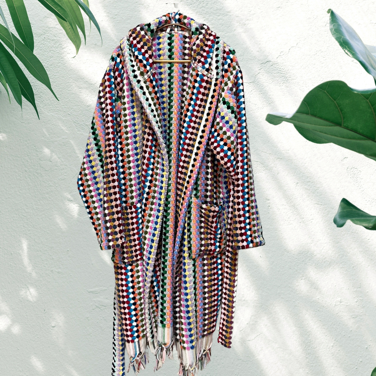 Pompom Turkish bathrobe – Multicolor, Hooded, back view | Kikoya