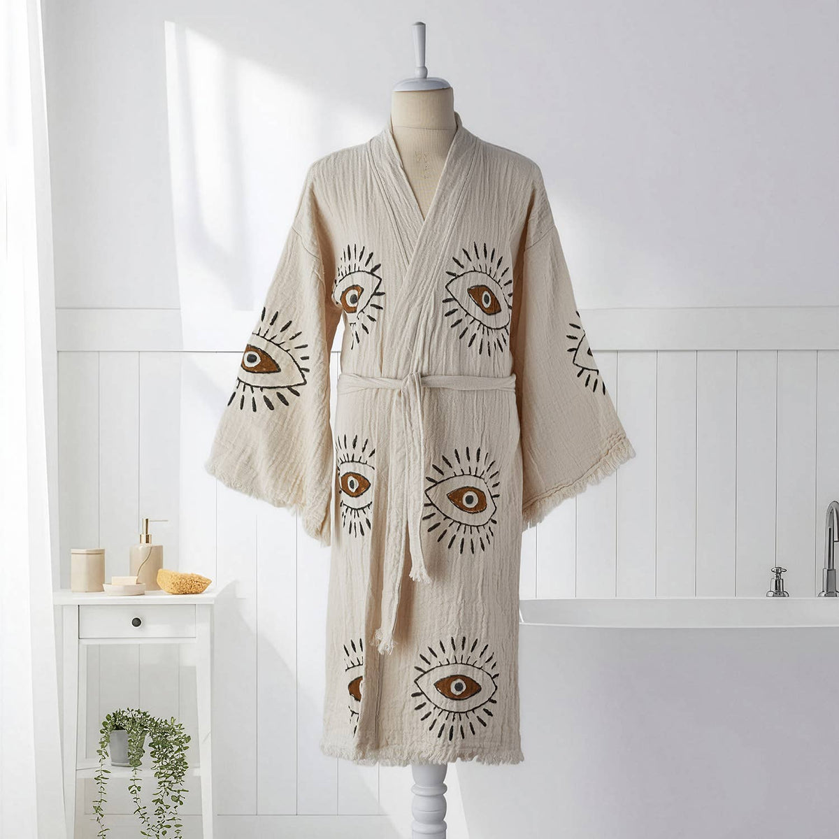 Block-print Turkish cotton kimono robe – Evil Eye Brown & Black | Kikoya