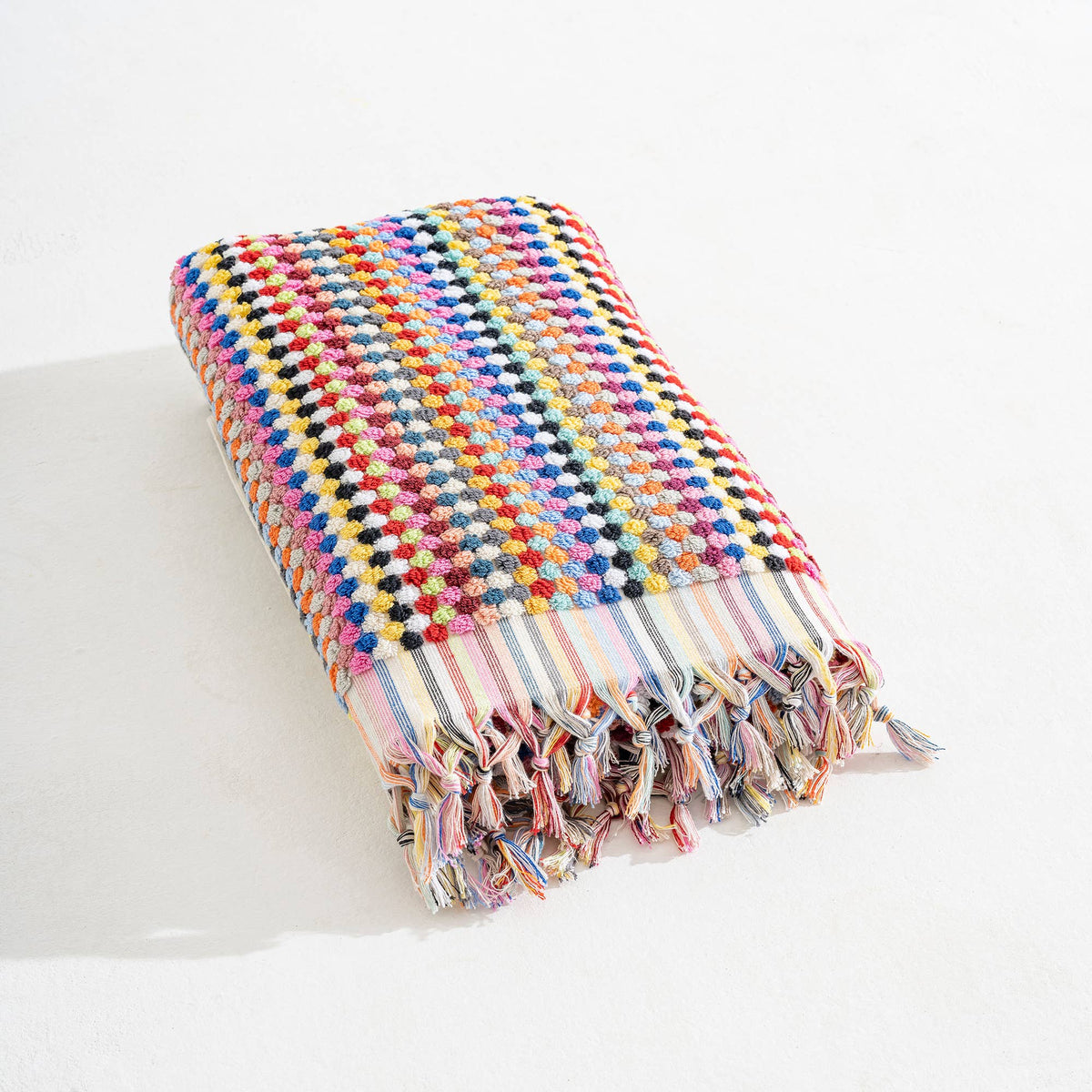 Pompom handloomed Turkish bath towel, 35x68 in, bubble weave with pompom fringe | Kikoya