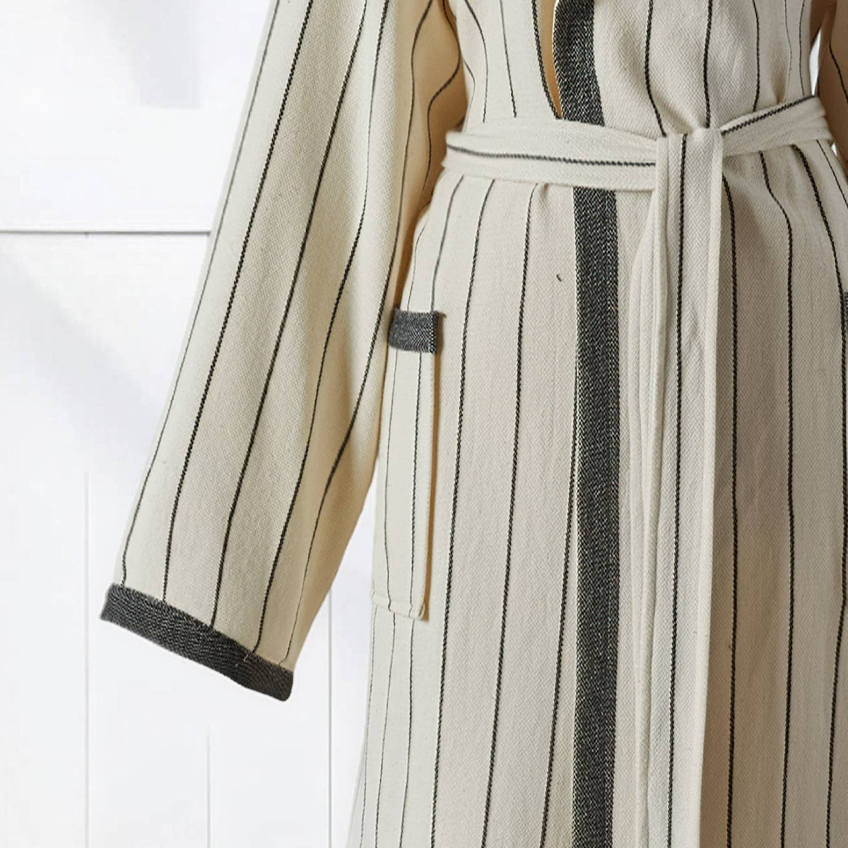 Pinstripe Turkish cotton bathrobe in cream & black – hooded | Kikoya