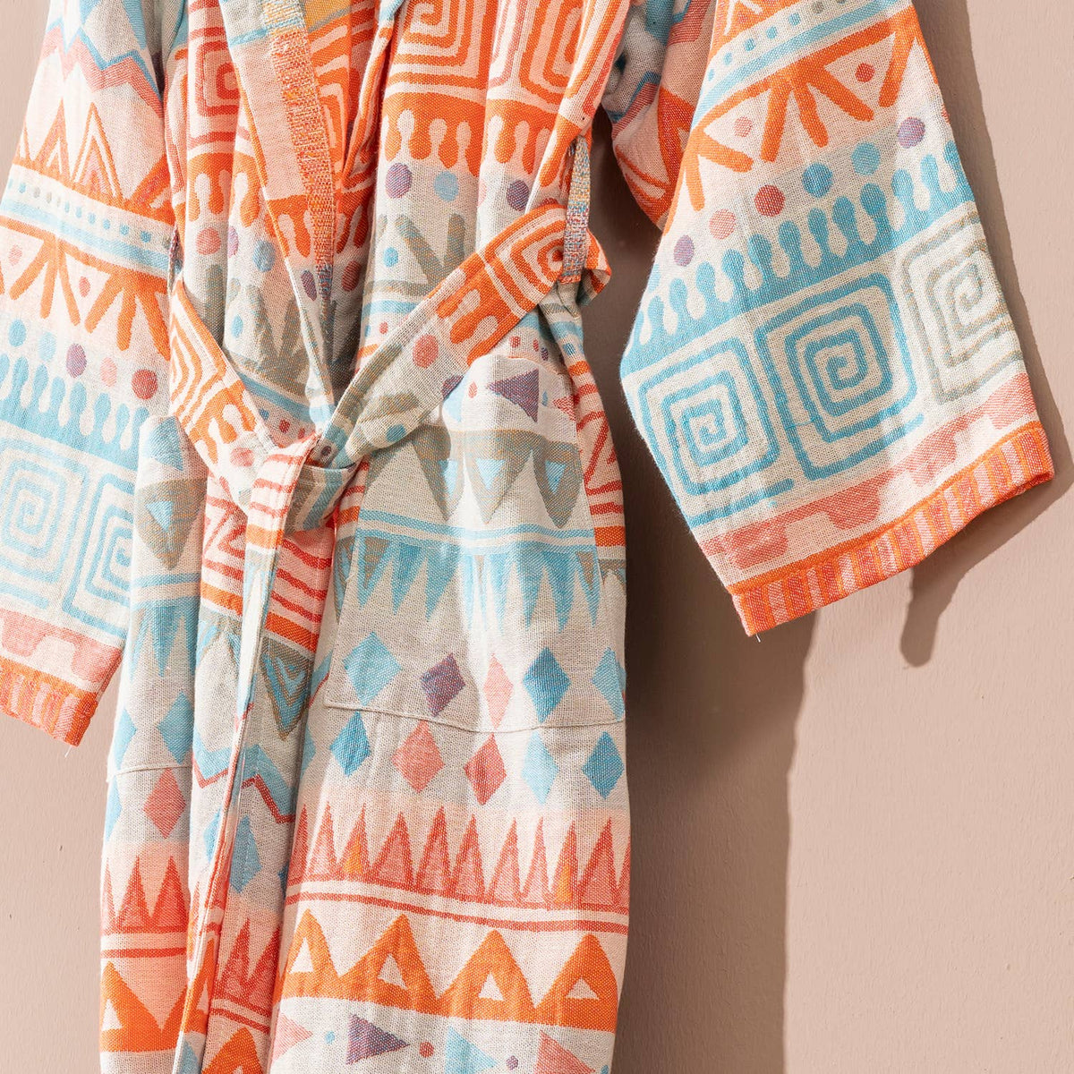 Ethnic print Turkish bathrobe in coral & turquoise – kimono | Kikoya