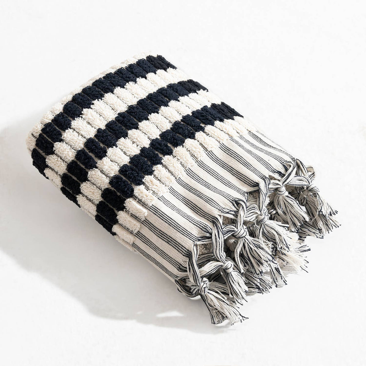 Lokum pompom Turkish hand towel, 17x38 in, handloomed check with pompom fringe | Kikoya
