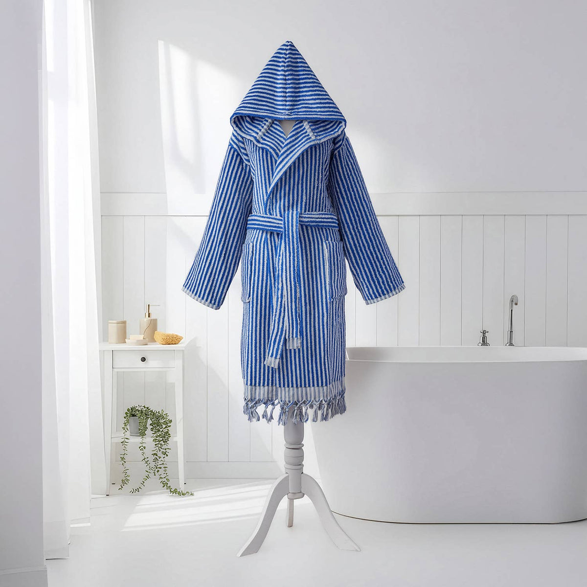 Pompom Turkish bathrobe – Blue & White Stripe, Hooded, back view | Kikoya