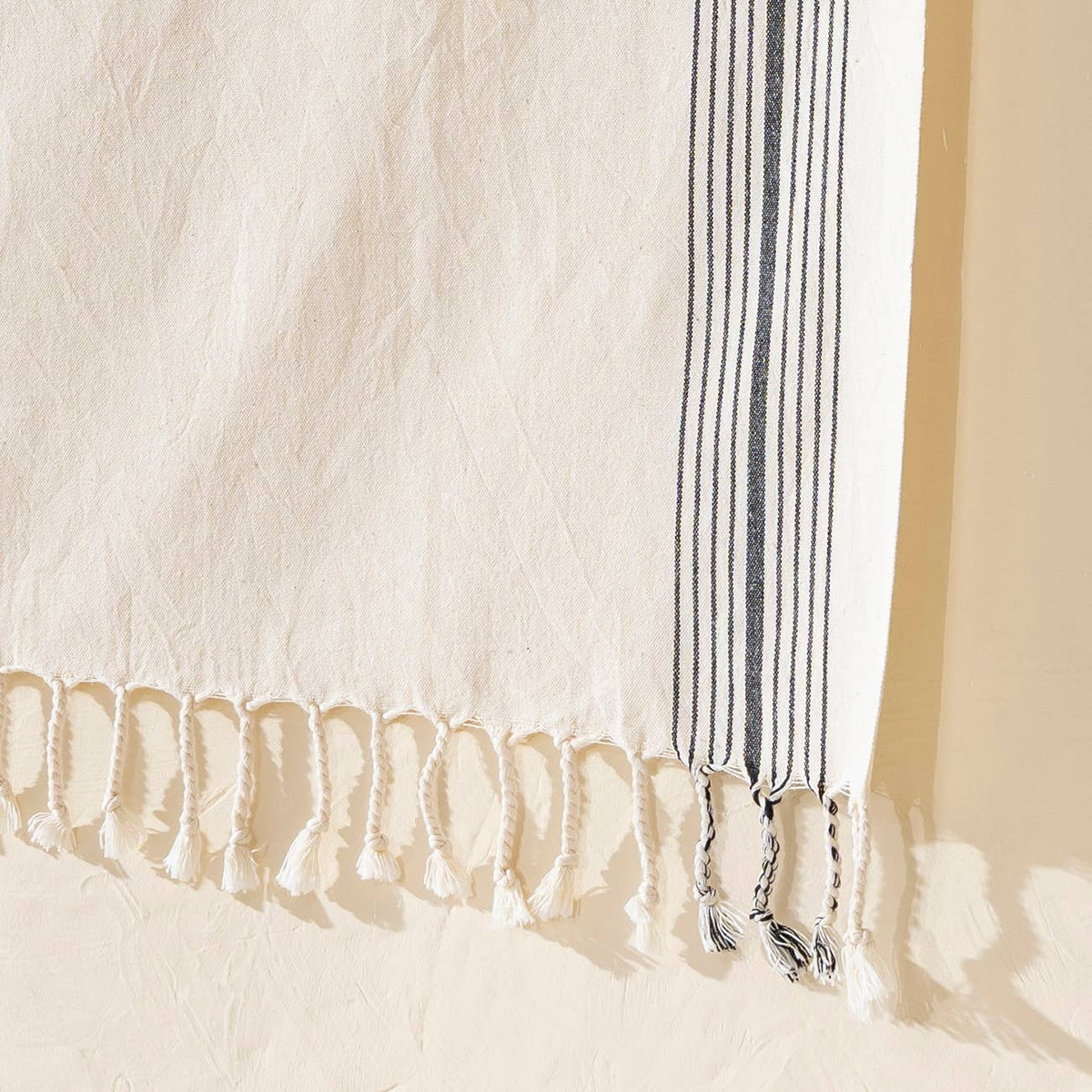 Paola honeycomb Turkish beach towel, cream with grey and navy stripe | Kikoya