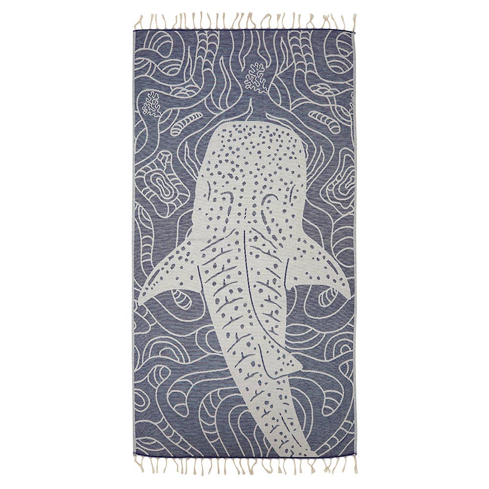 Whale shark terry-backed Turkish towel with woven jacquard face, 35x70 in | Kikoya