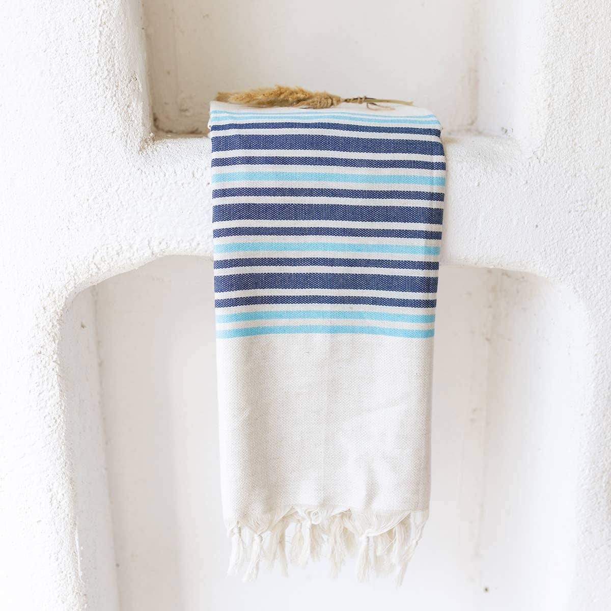 Linen-cotton Turkish beach towel in blue block stripe, 33x66 in | Kikoya