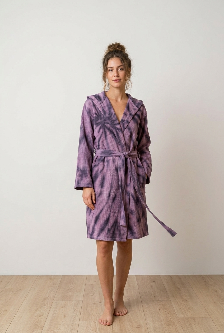 Hand tie-dyed Turkish cotton bathrobe – hooded, belted | Kikoya
