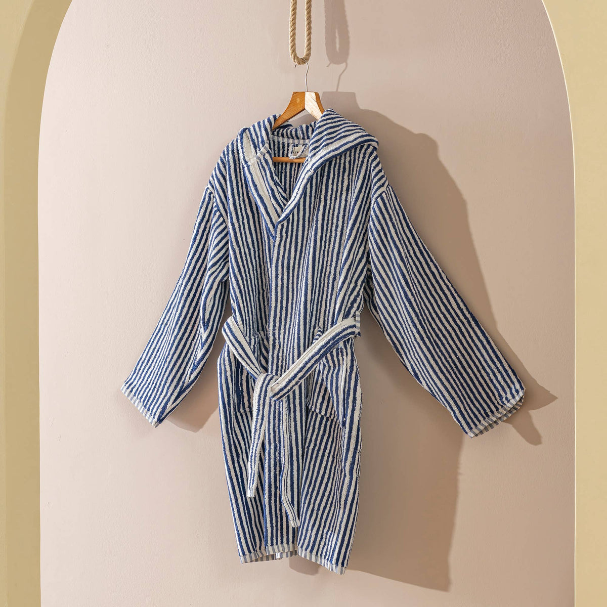 Pompom Turkish bathrobe – Navy & White Stripe, Hooded, styled view | Kikoya